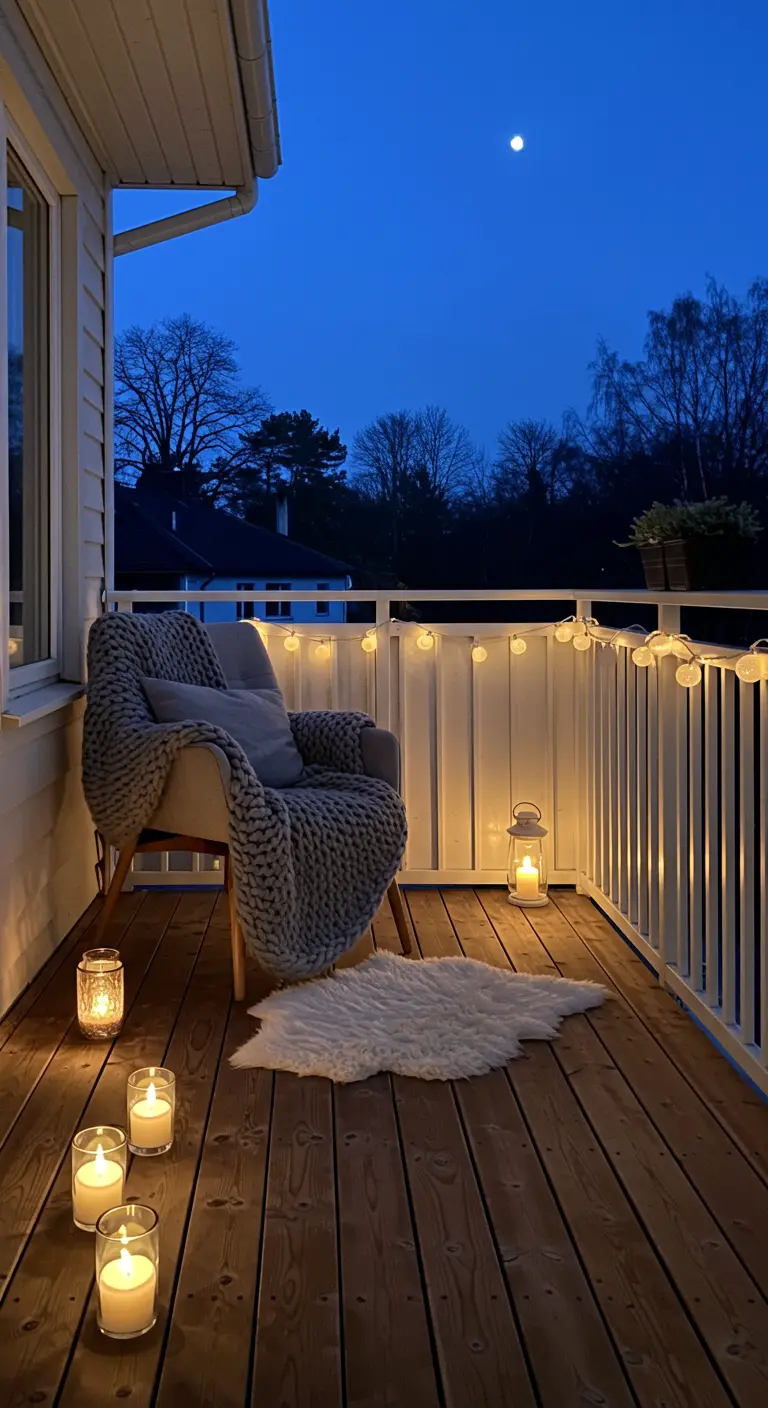A cozy balcony corner with a grey armchair, chunky knit blanket, and simple candle lighting.
