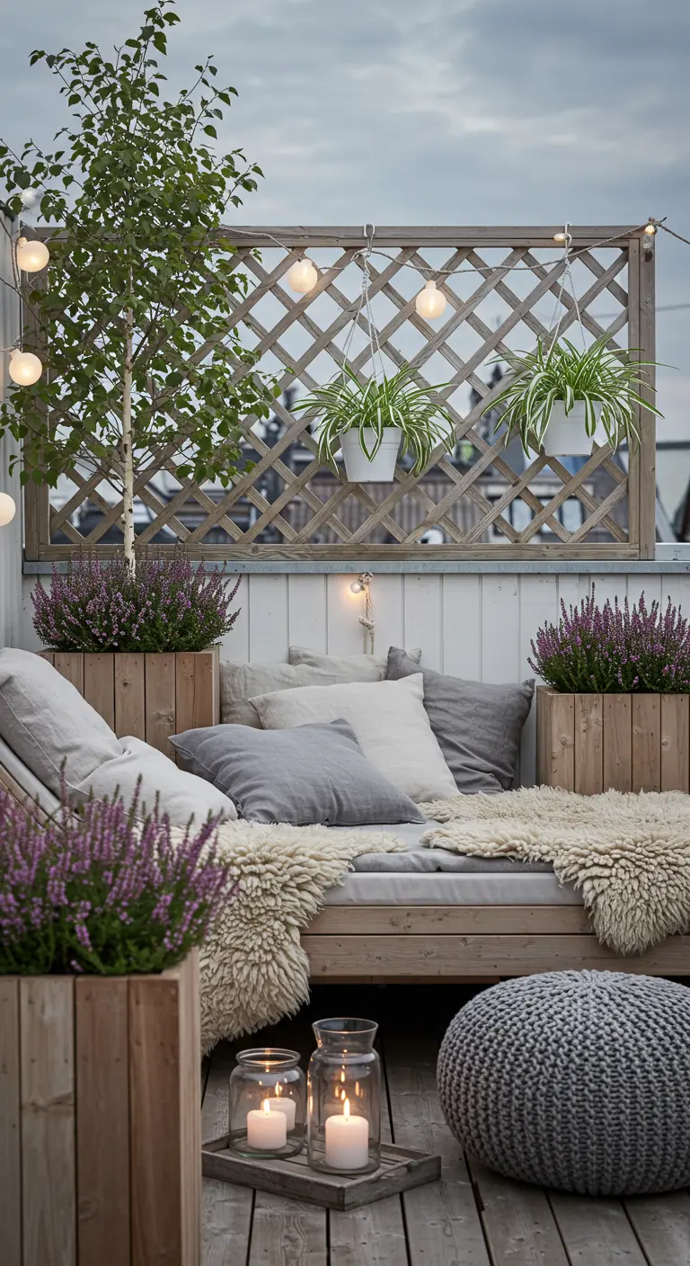 Cozy rooftop lounge with a wooden daybed, gray textiles, and purple heather in planters.