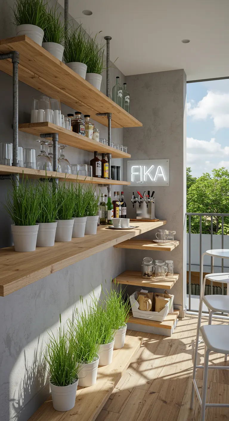 Bright, airy balcony bar with pipe shelves, light wood, and pots of green grass.