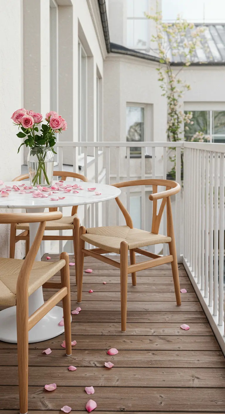 A white marble table with light wood chairs on a bright, airy balcony.
