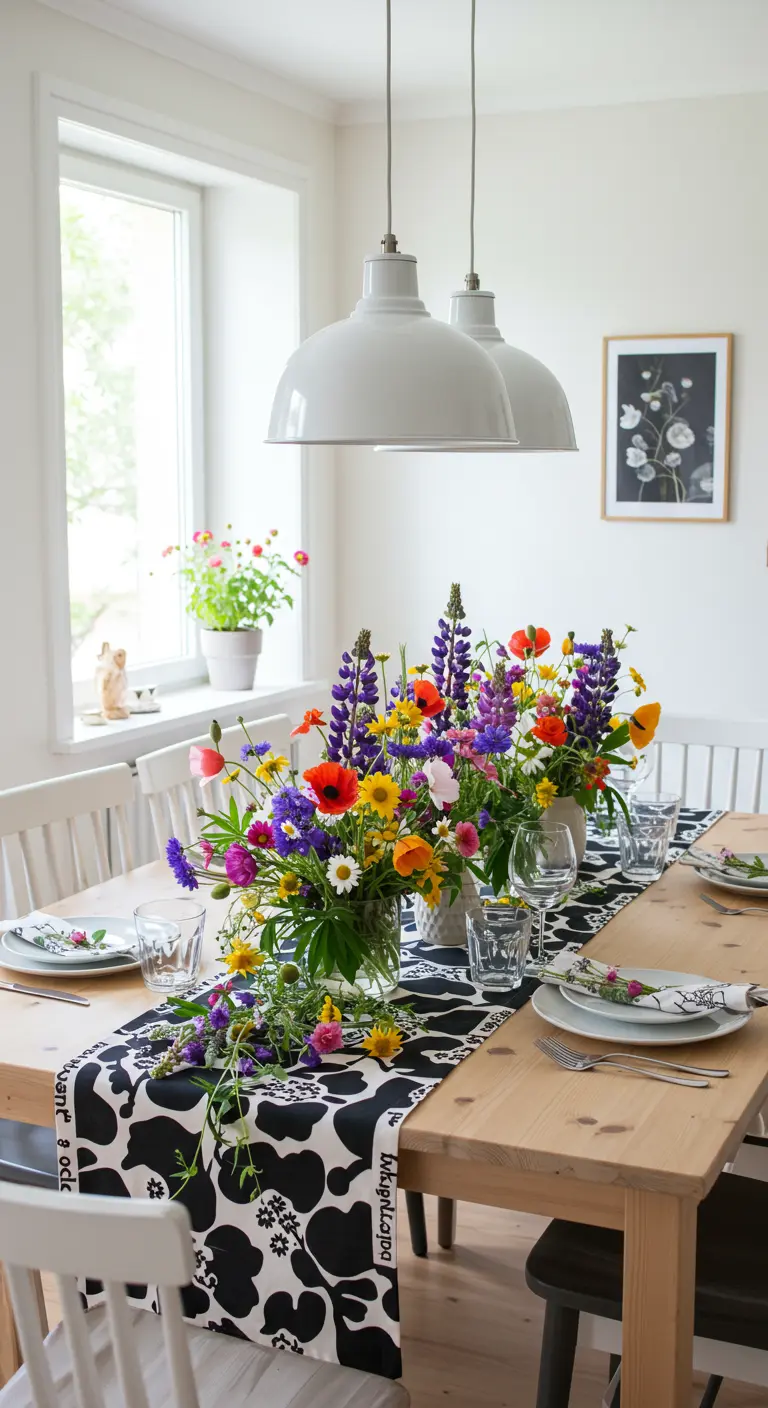 A simple wooden table with a black-and-white graphic runner and vibrant wildflower bouquets.