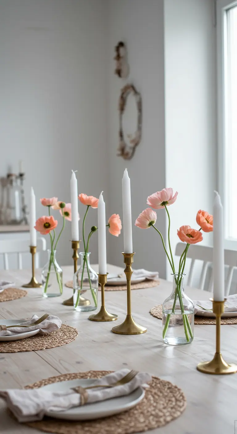 A minimalist white table setting with single poppies in glass vases and brass candlesticks.