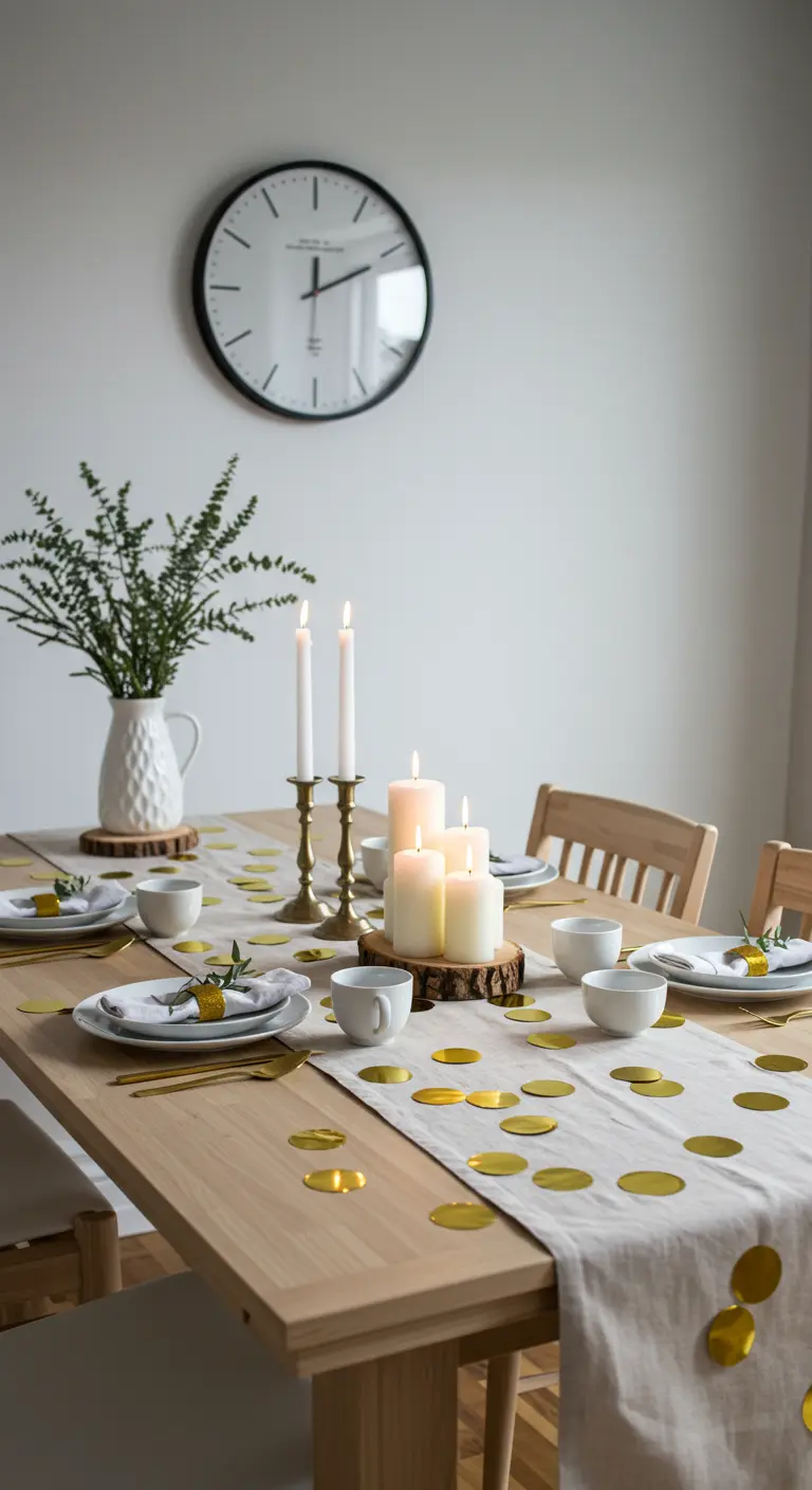 A minimalist NYE table with a linen runner, large gold confetti, and a simple candle centerpiece.