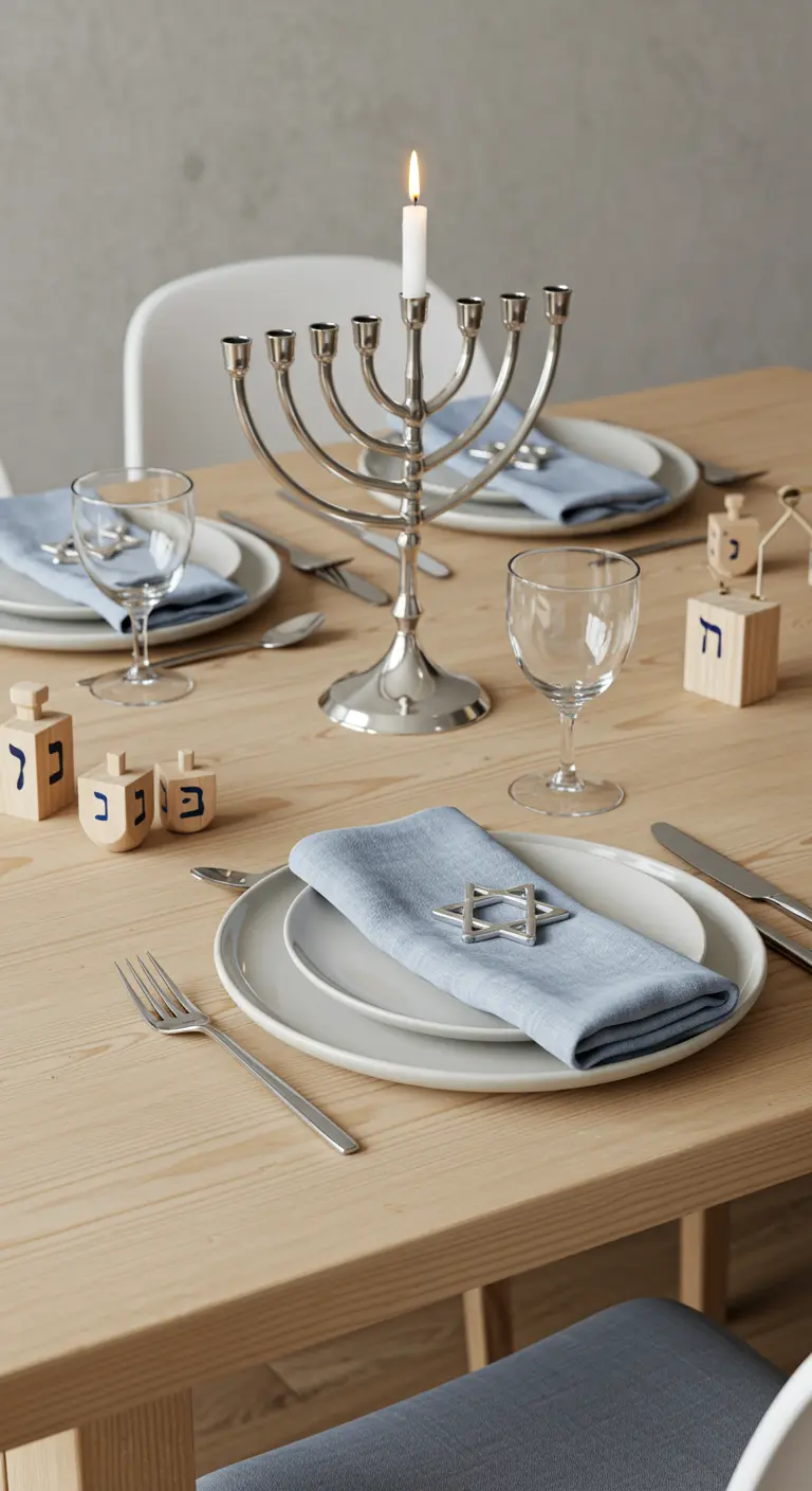 A minimalist Hanukkah tablescape with light wood, blue napkins, and simple dreidel decor.