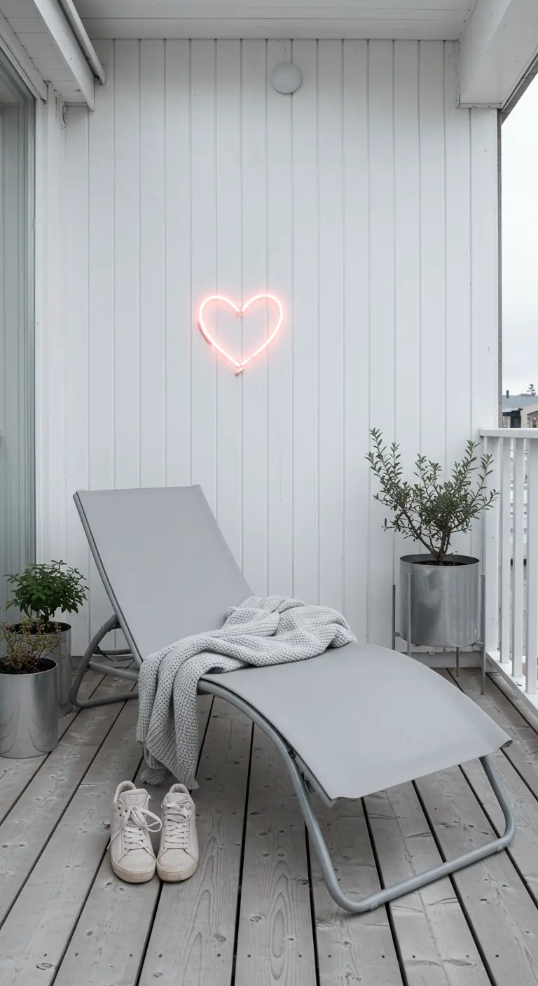 A minimalist balcony with a gray lounger, a small plant, and a soft pink neon heart.