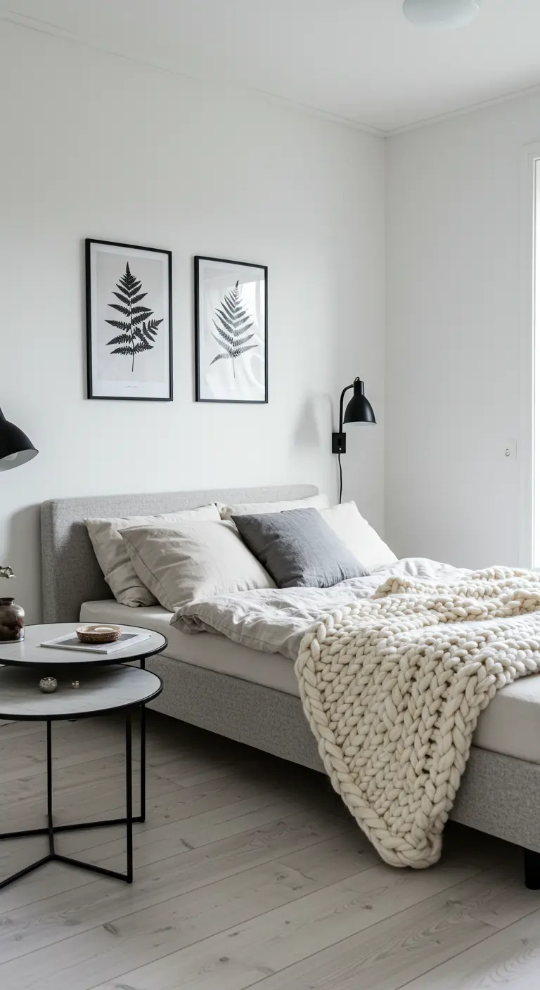 Scandinavian bedroom with a gray bed, chunky knit blanket, and two framed fern prints.
