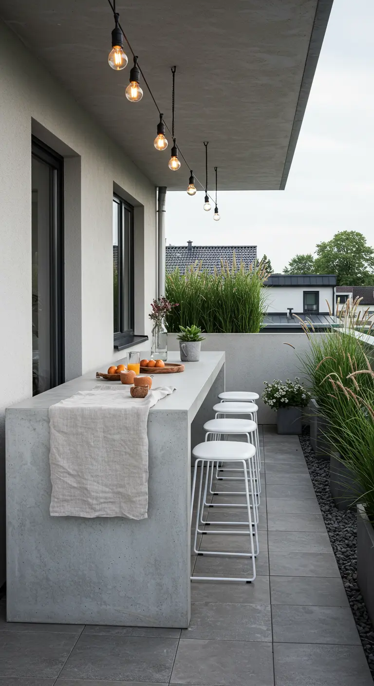 Minimalist concrete bar on a balcony with white stools and ornamental grasses.