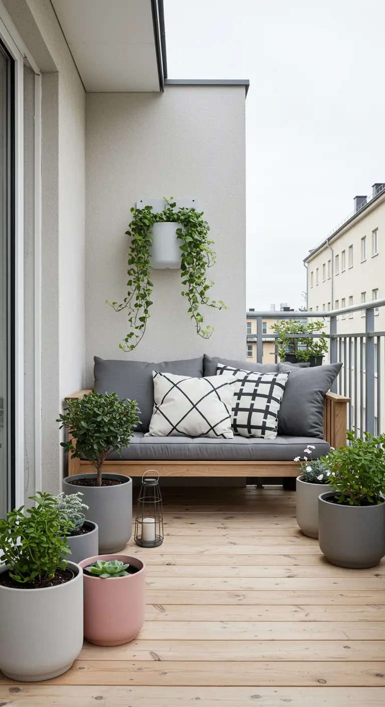 A modern Scandinavian balcony with a gray sofa, geometric cushions, and minimalist gray and pink pots.