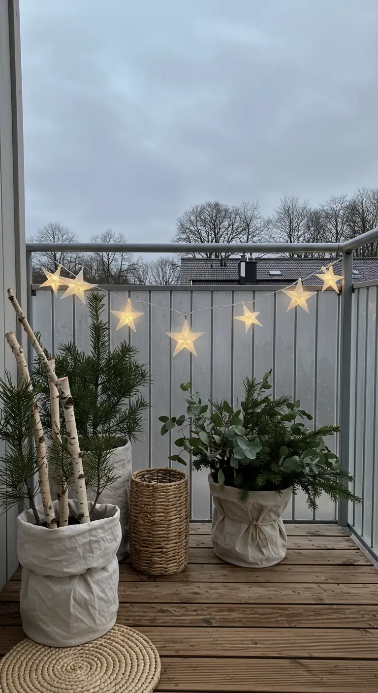 A minimalist balcony with planters wrapped in cream paper, birch logs, and a string of large star lights.