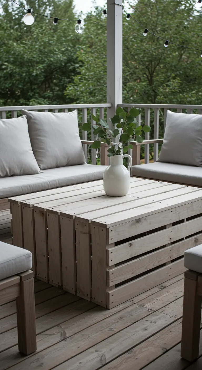 Light-colored wood crate table on a porch with minimalist grey seating.