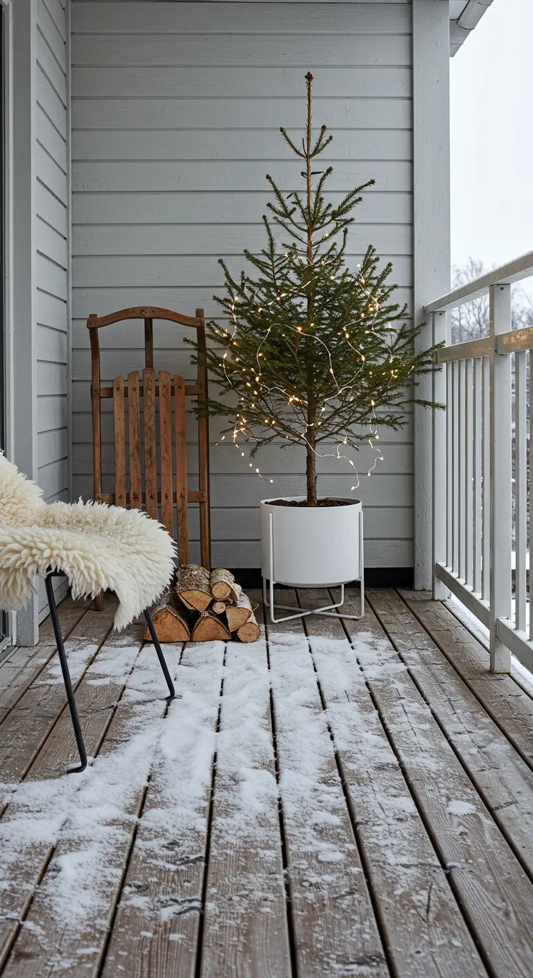 Minimalist balcony with a potted tree, sheepskin throw, and a vintage sled on wood decking.