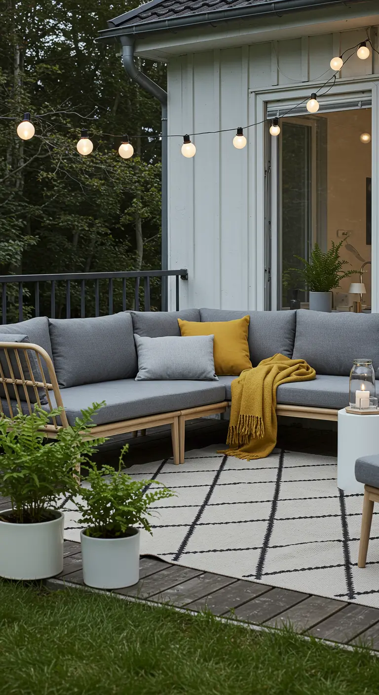 A Scandinavian-style sectional with a light wood frame and grey cushions on a deck.