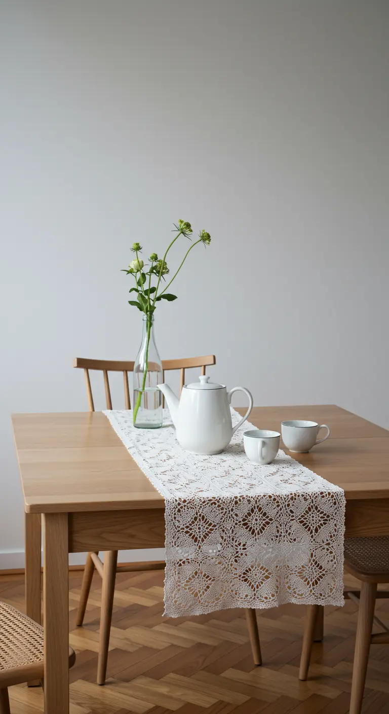 A minimalist tea setting on a wooden table with a white lace runner and a simple white teapot.