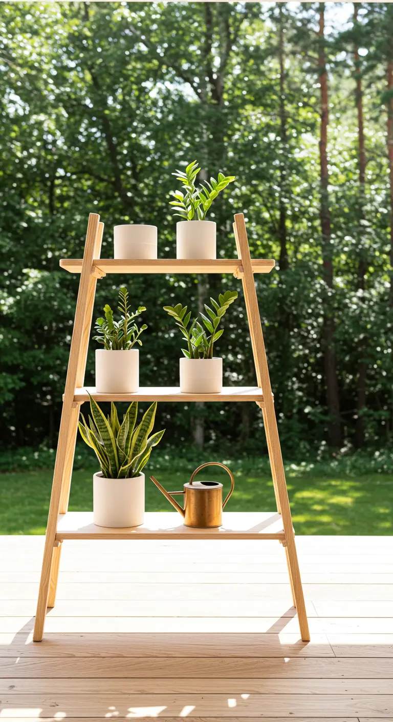 A light wood, minimalist ladder holding green plants in identical white pots on a deck.
