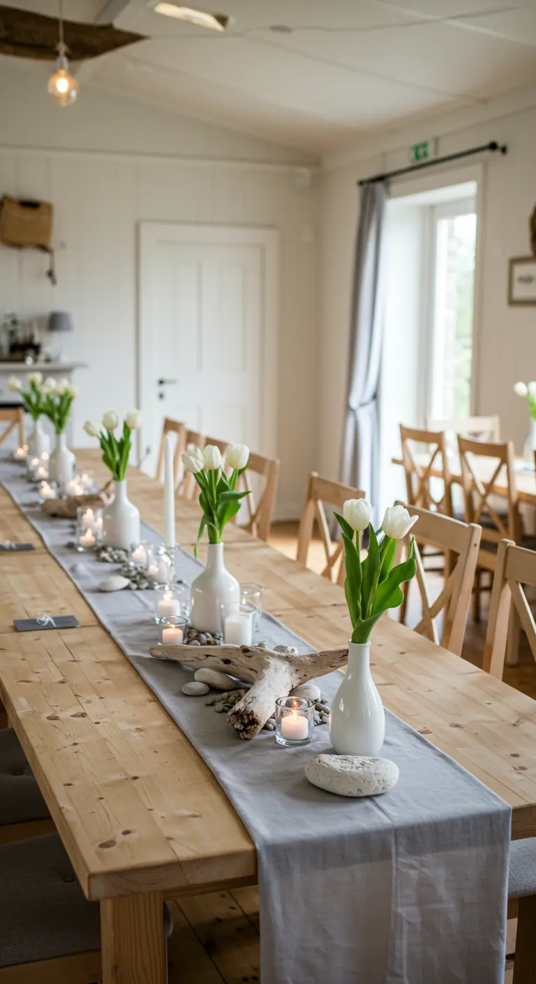Minimalist Scandinavian table with white tulips in ceramic vases and driftwood accents.