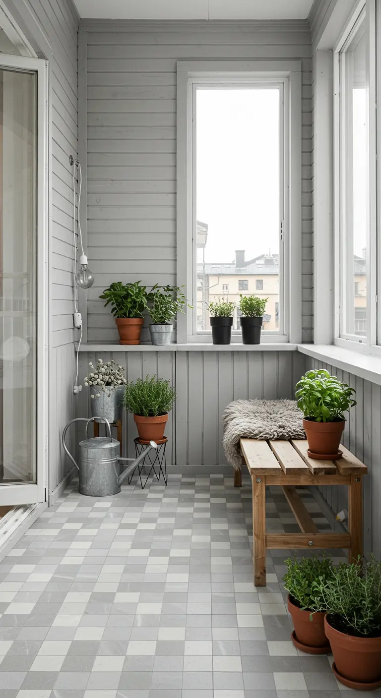 A bright, enclosed balcony with gray and white checkered tiles and simple wooden furniture.