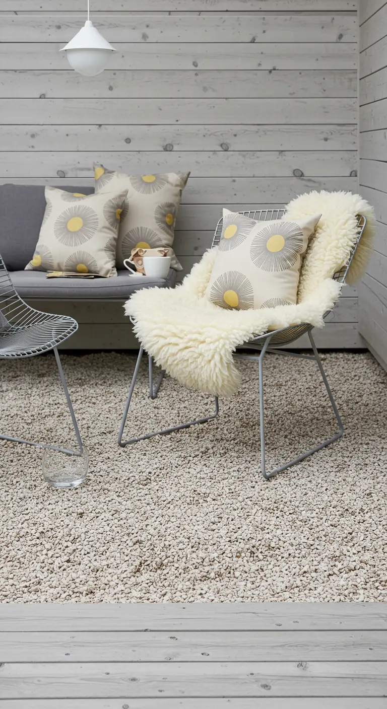 A gray wireframe chair with a sunburst cushion and a sheepskin throw on a pale gravel patio.