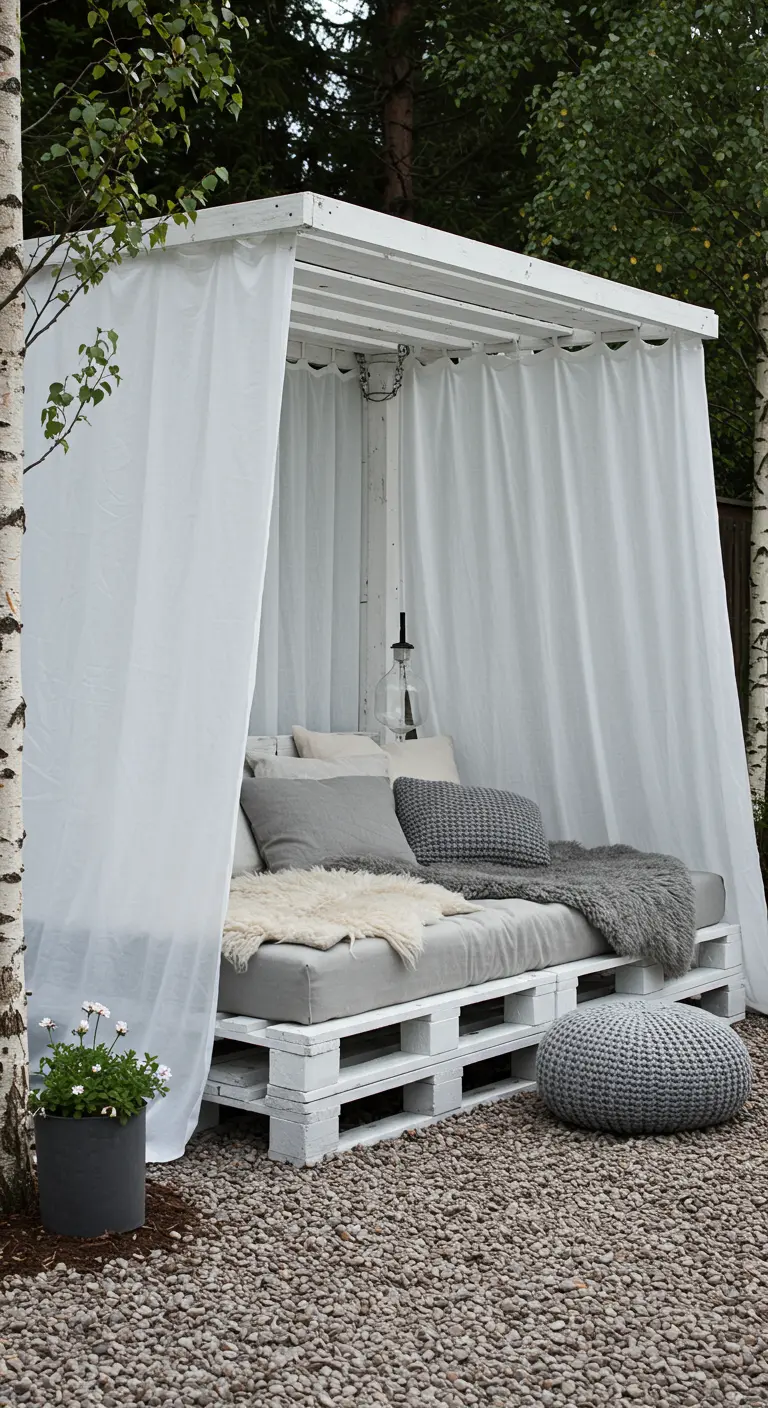 White pallet canopy bed with gray textiles and a sheepskin throw on a gravel patio.