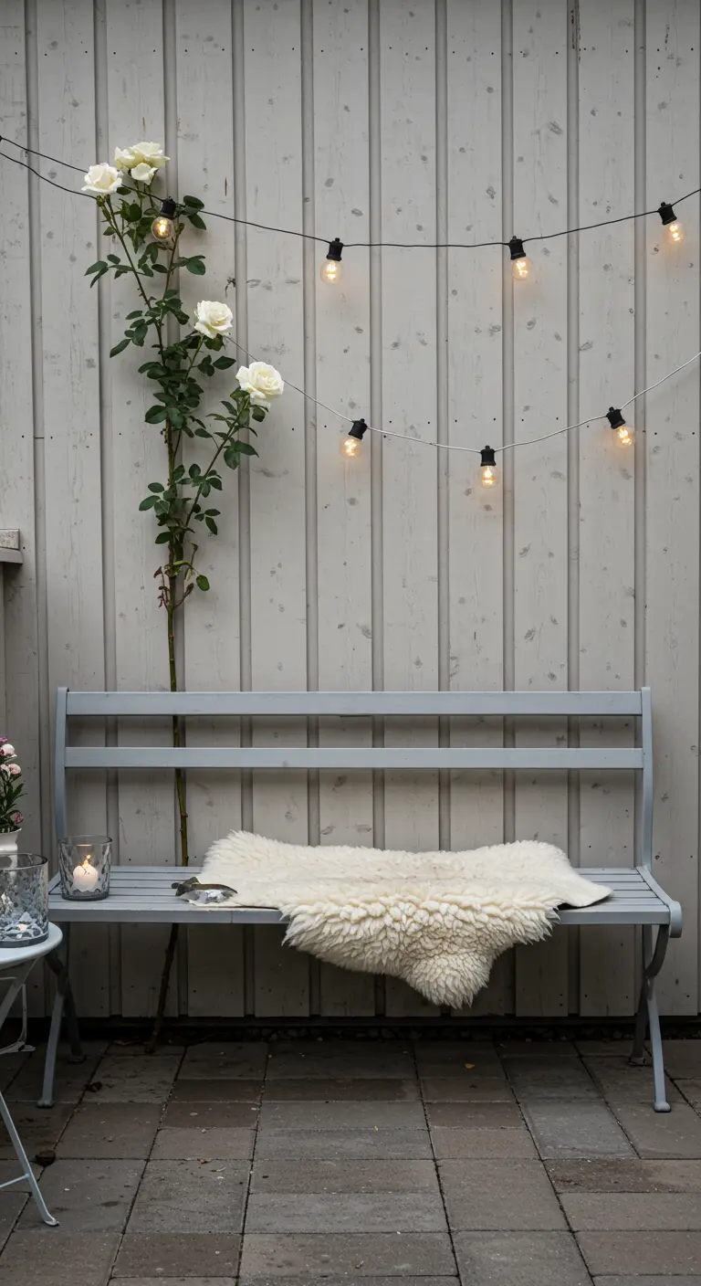 A minimalist grey bench against a light wood wall with a single white rose bush and a sheepskin throw.