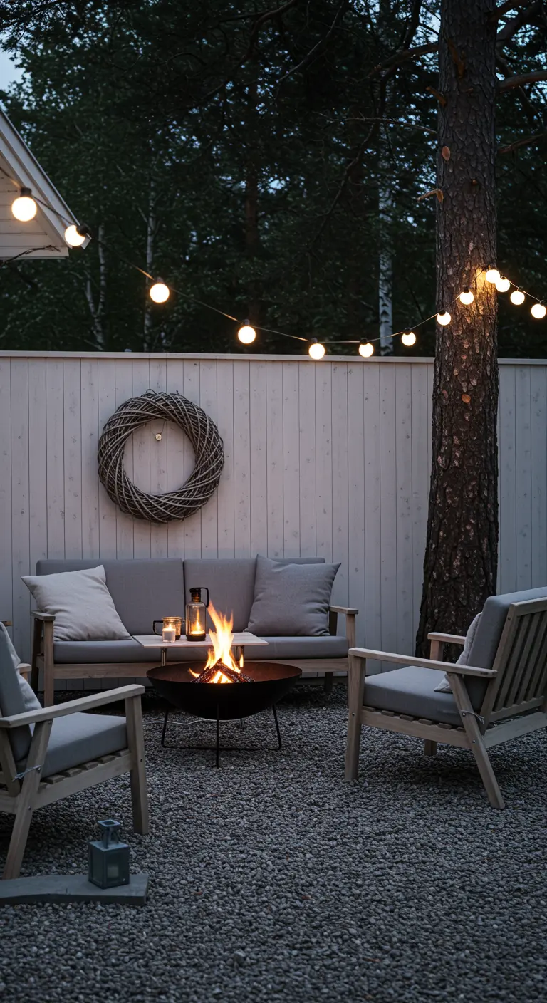 A minimalist patio with light wood furniture, a simple fire pit, and a grapevine wreath.