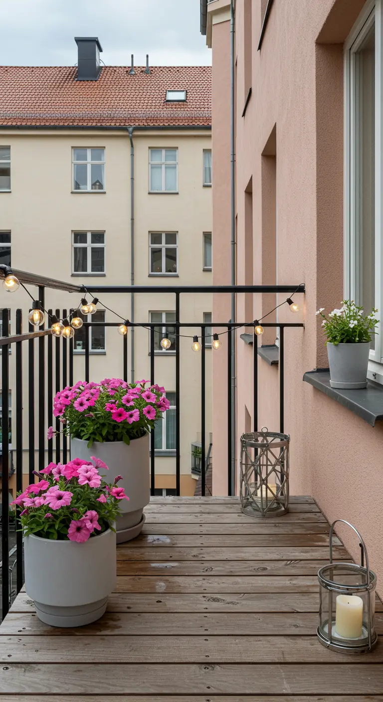 Minimalist Scandinavian balcony with grey planters, pink petunias, and floor lanterns.