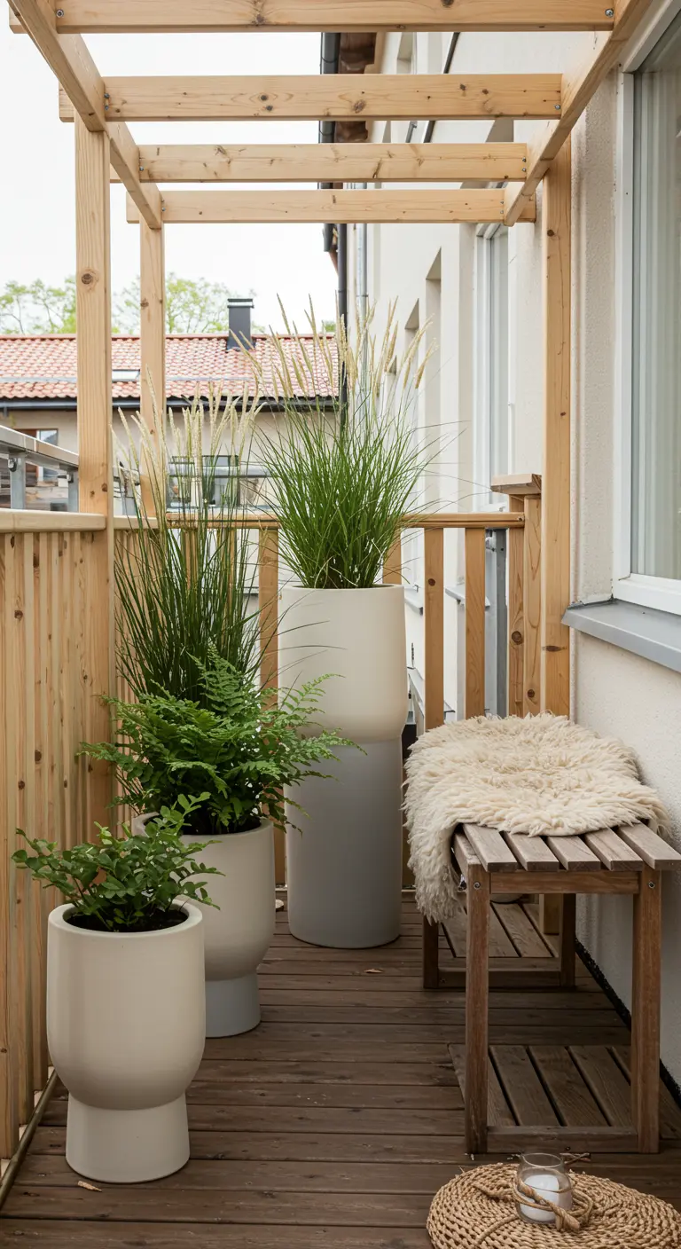 Scandinavian style balcony with a light wood pergola, tall white planters, and a fuzzy throw on a bench.
