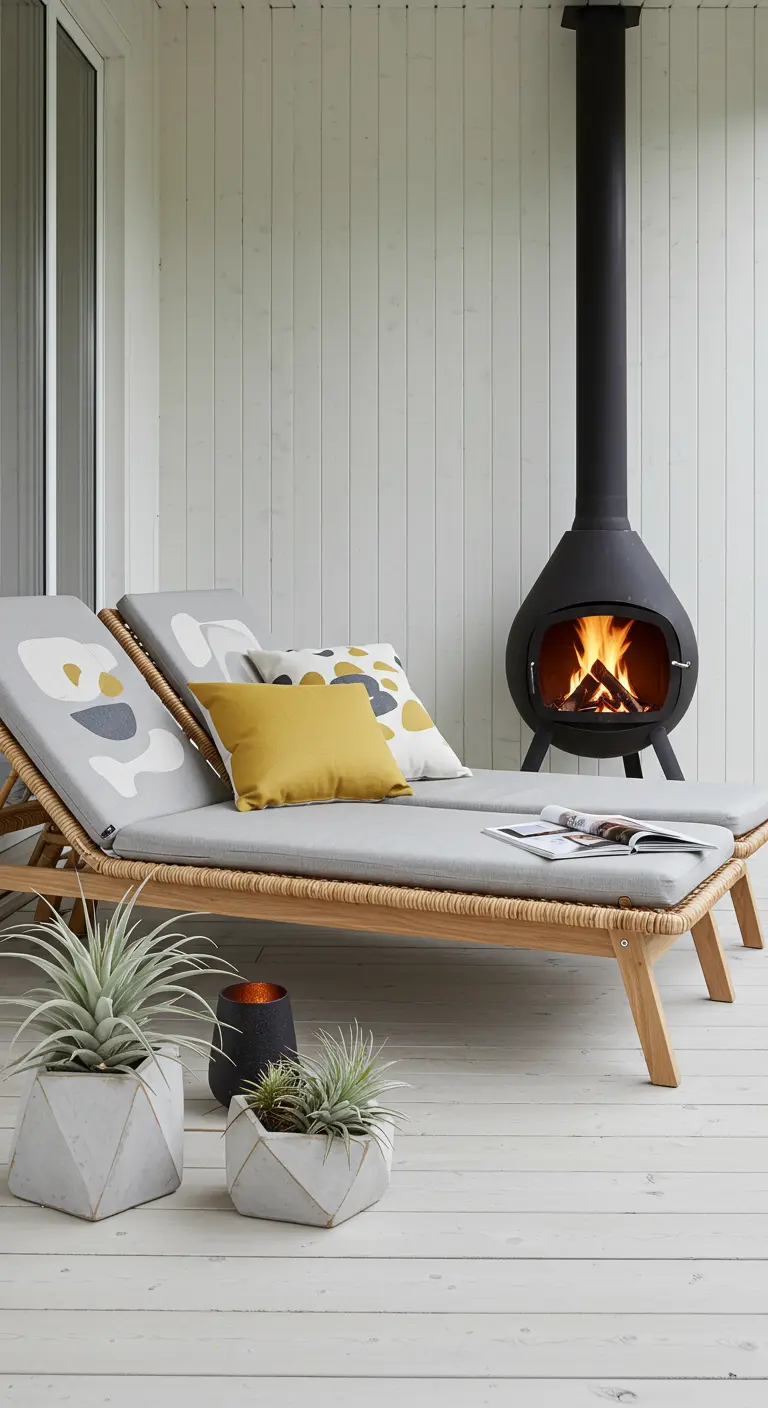 Rattan loungers with minimalist pillows next to a modern black chiminea.