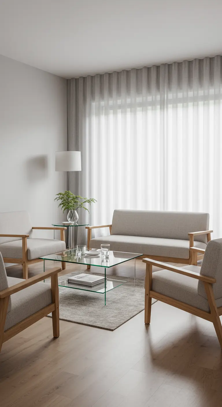 A living room with light wood-framed furniture and a tiered glass coffee table.