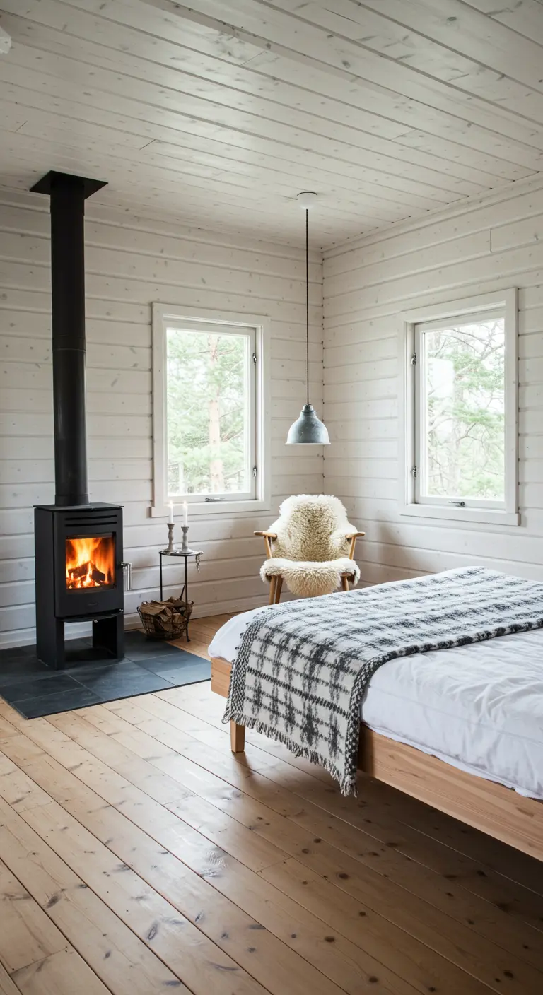 Bright, white-paneled bedroom with a modern wood stove and a sheepskin-draped chair.