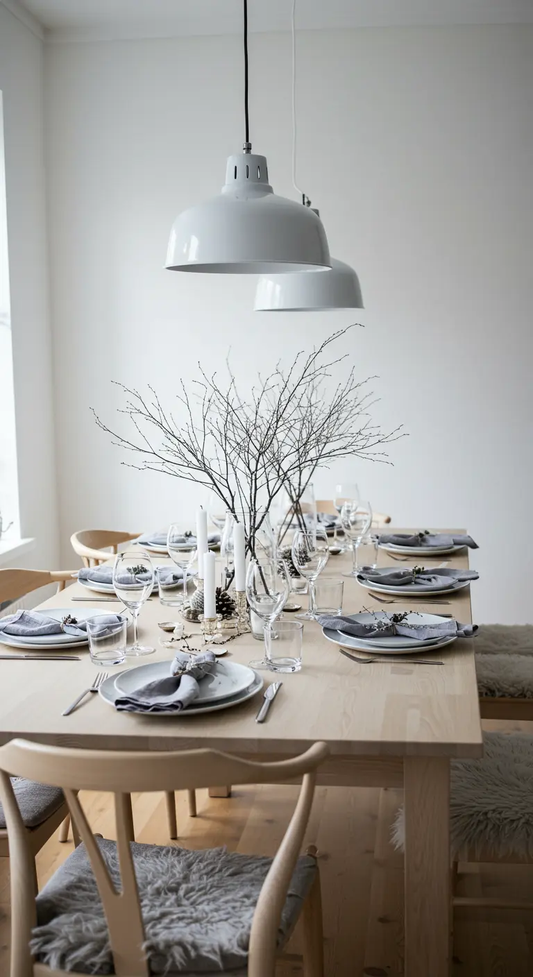 A minimalist dining table with a bare branch centerpiece, grey linens, and sheepskin on chairs.