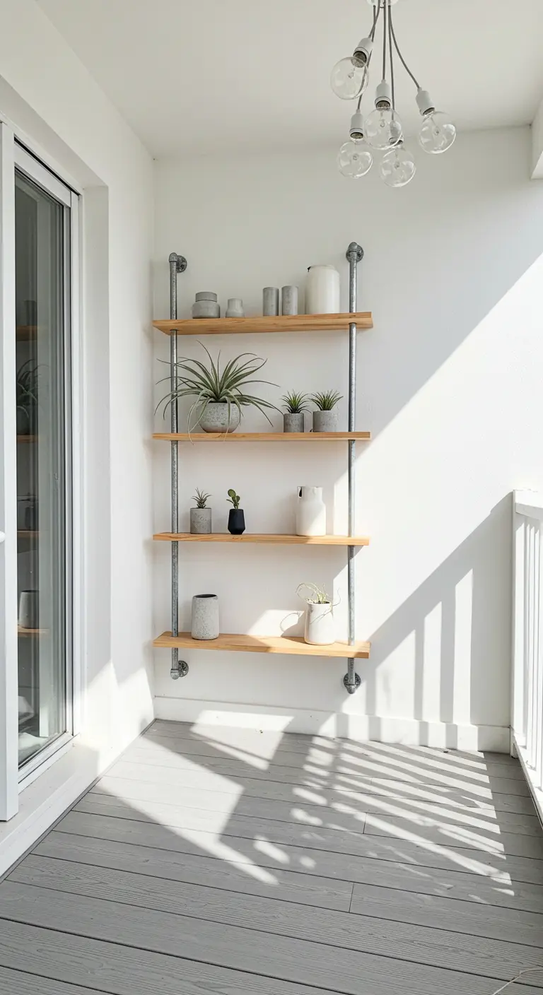 Bright, minimalist balcony with a pipe shelf holding a few simple plants and white ceramic pots.