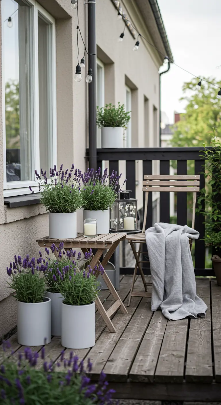 A cozy balcony with a wooden bistro set, white planters with lavender, and a grey linen throw.