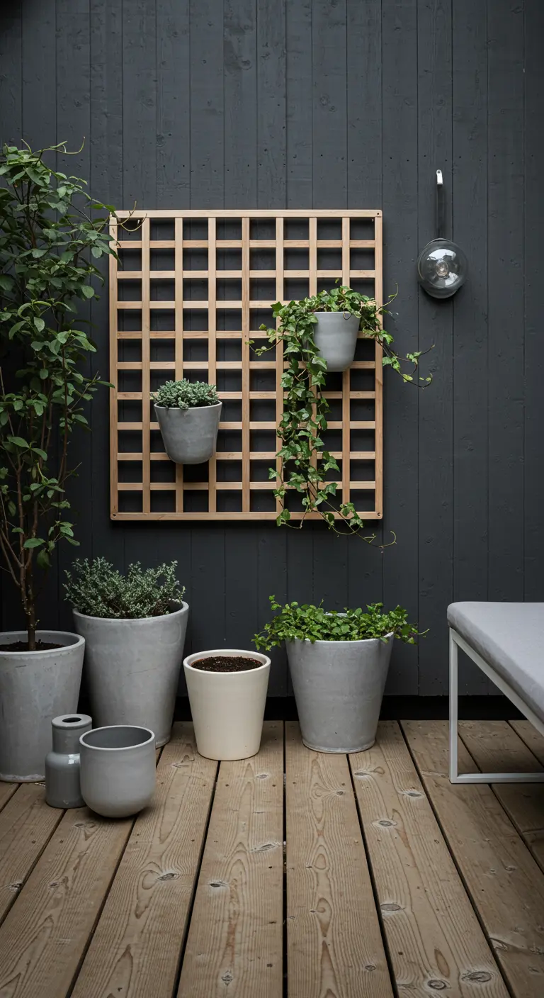 Natural wood trellis with grey concrete pots against a dark grey wooden wall.