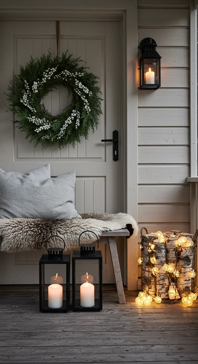 Scandinavian-style porch with a bench, sheepskin throw, lanterns, and a basket of birch logs with lights.