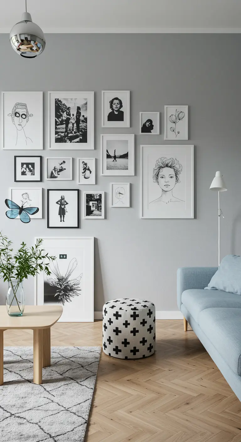 Scandinavian lounge with a grey wall, black and white art in white frames, and a geometric pouf.