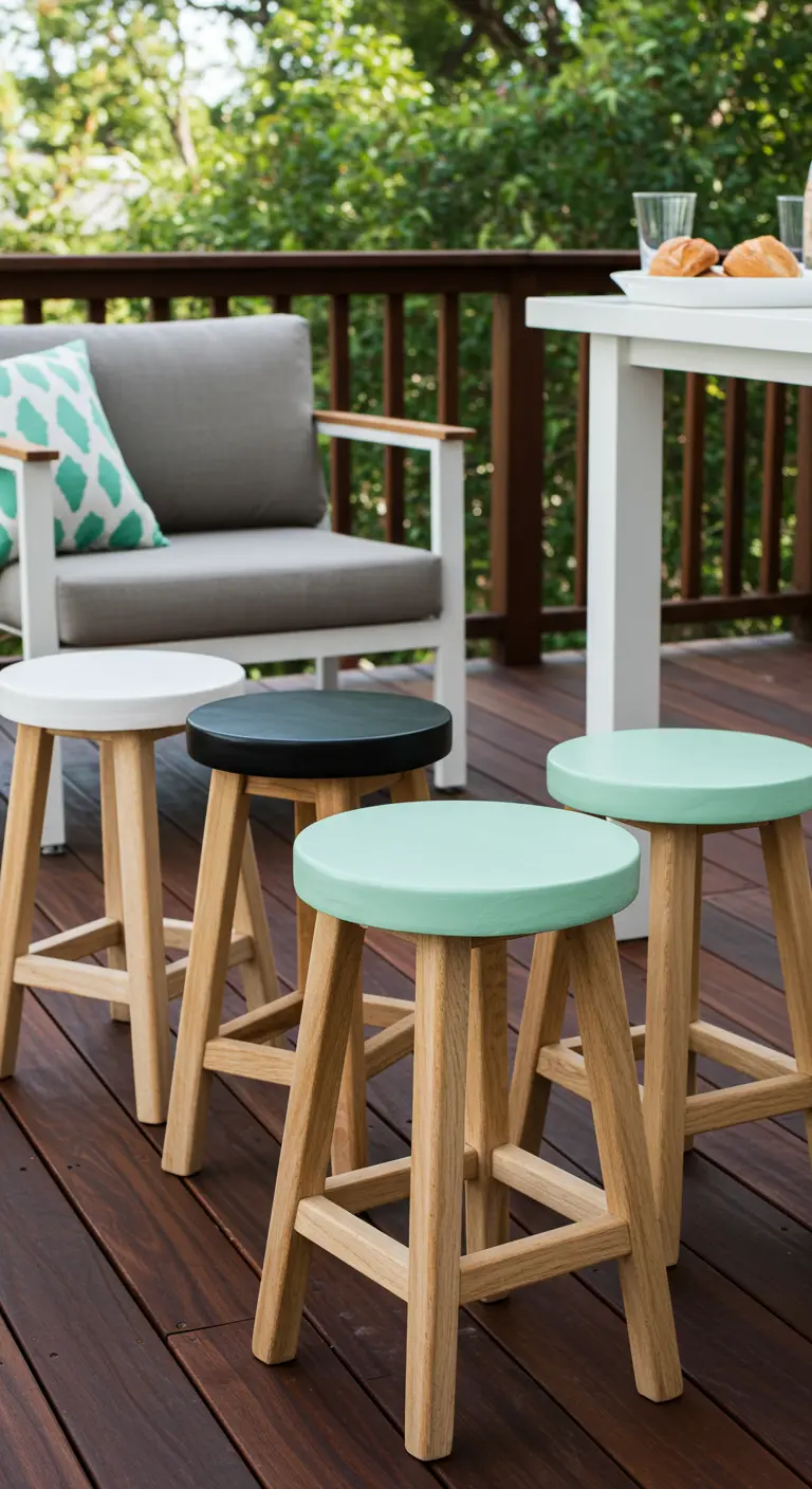 Wooden stools with only the tops painted in mint, black, and white on a modern deck.