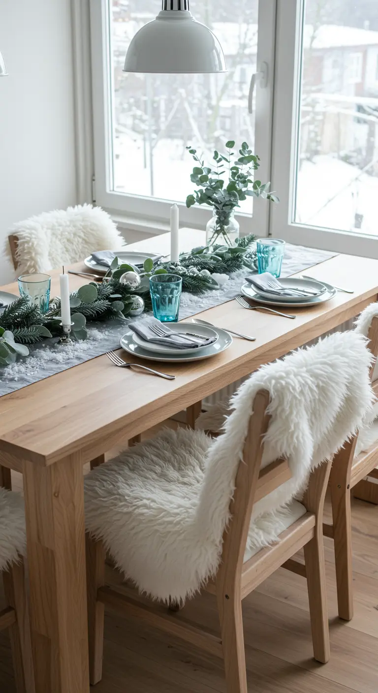 A light wood table with a grey runner, eucalyptus garland, and chairs draped in faux fur.