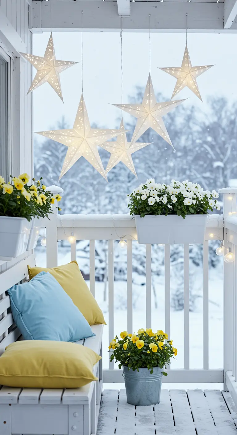 White snowy balcony with a bench, colorful cushions, and hanging white star lanterns.