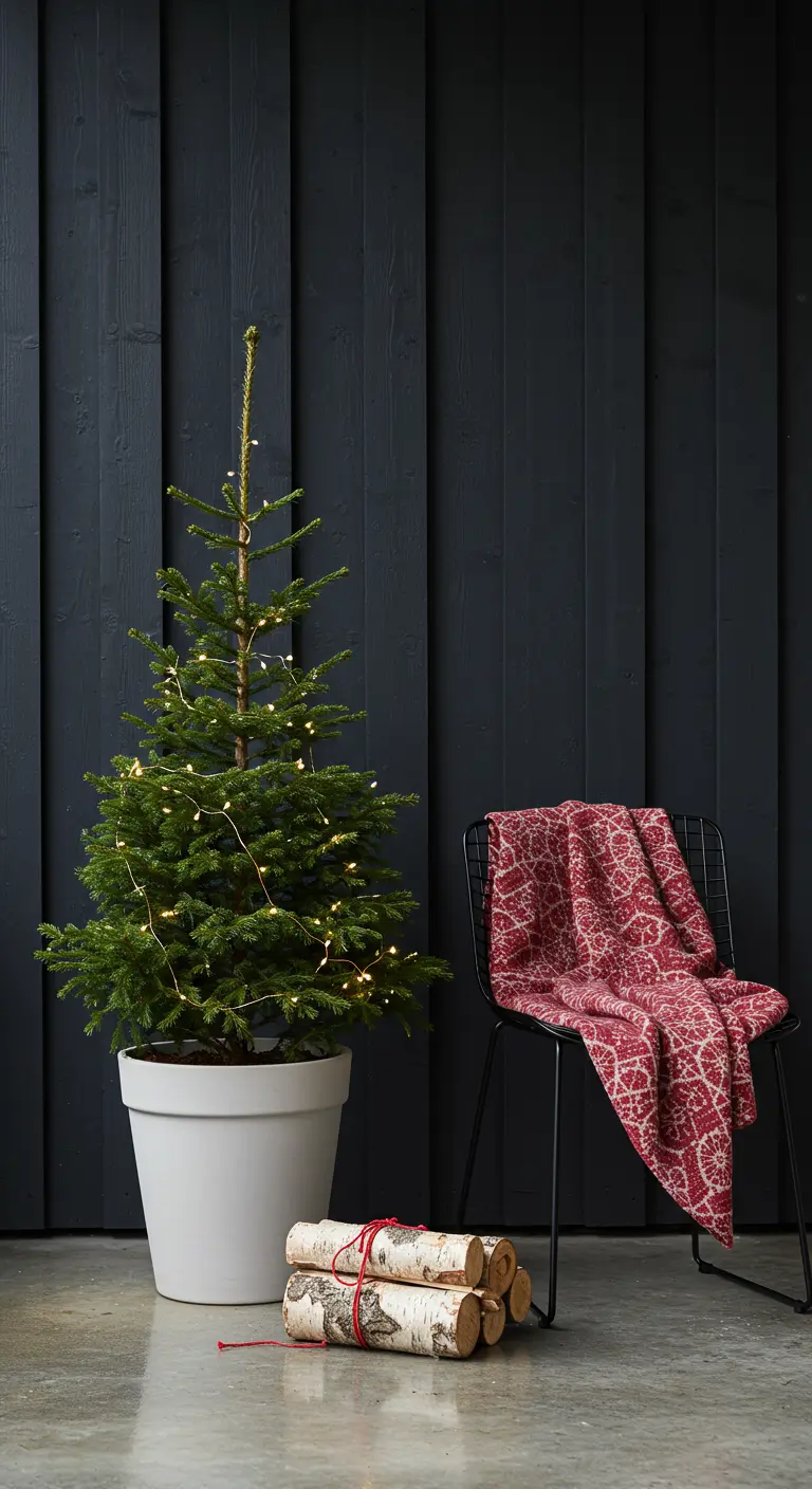 A mini Christmas tree in a white pot next to a chair with a red throw.