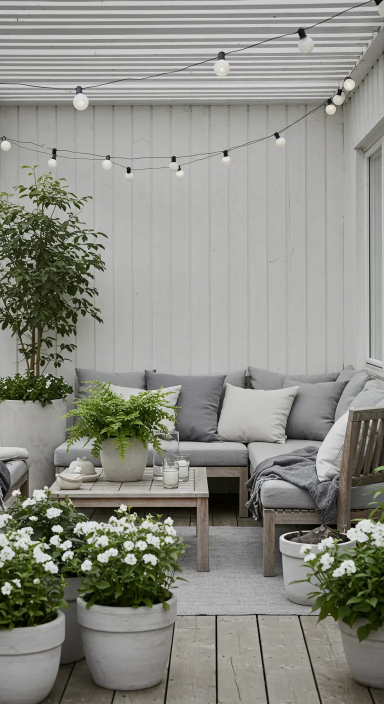 A Scandinavian-style patio with a gray sofa, white-washed planters, and soft white flowers.