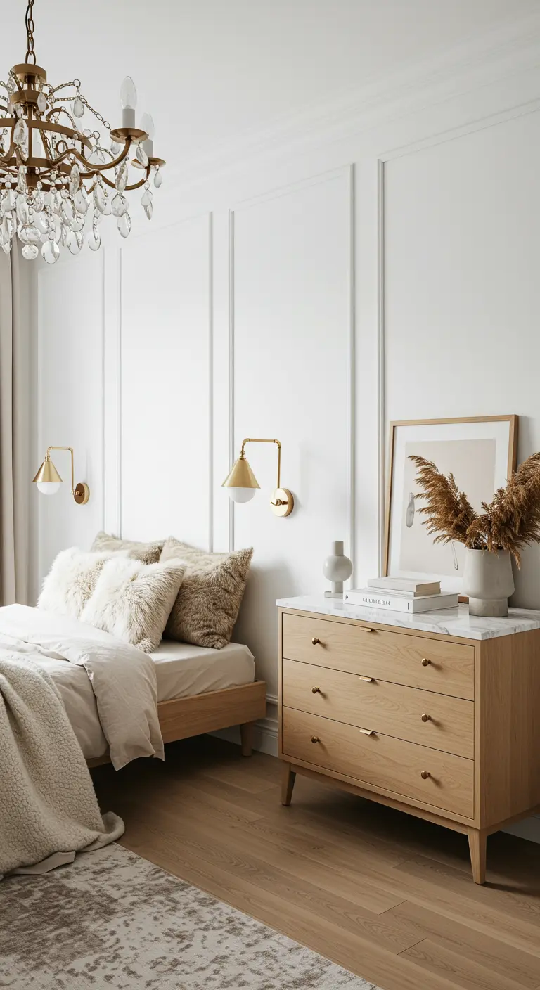 Oak dresser with a marble top next to a bed with faux fur pillows.