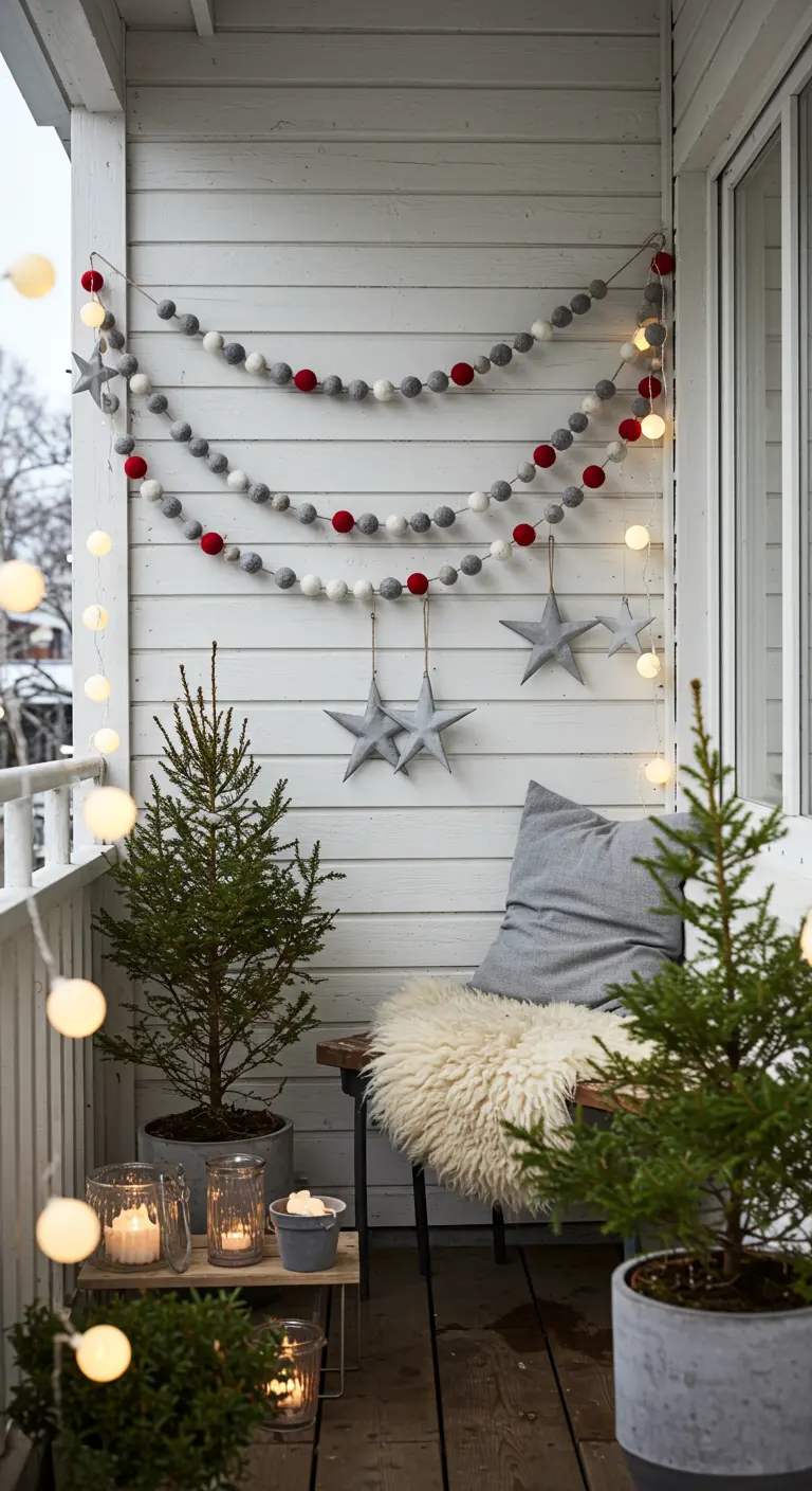 A Scandinavian-style balcony with felt garlands, a sheepskin throw, and mini trees.