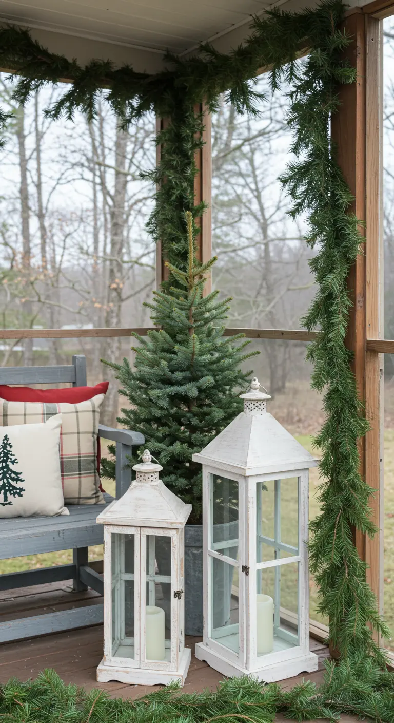 Whitewashed lanterns and a small tree on a screened-in porch with garland.