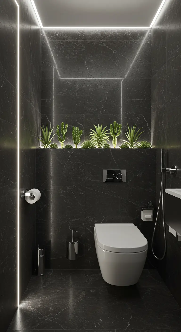 Dark slate powder room with an uplit niche of cacti and succulents above the toilet.