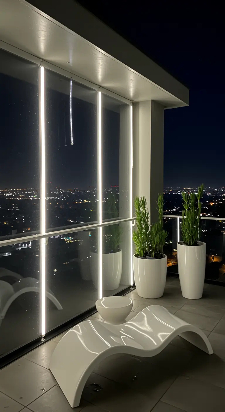 A modern, high-rise balcony at night with vertical LED light bars and a white chaise lounge.