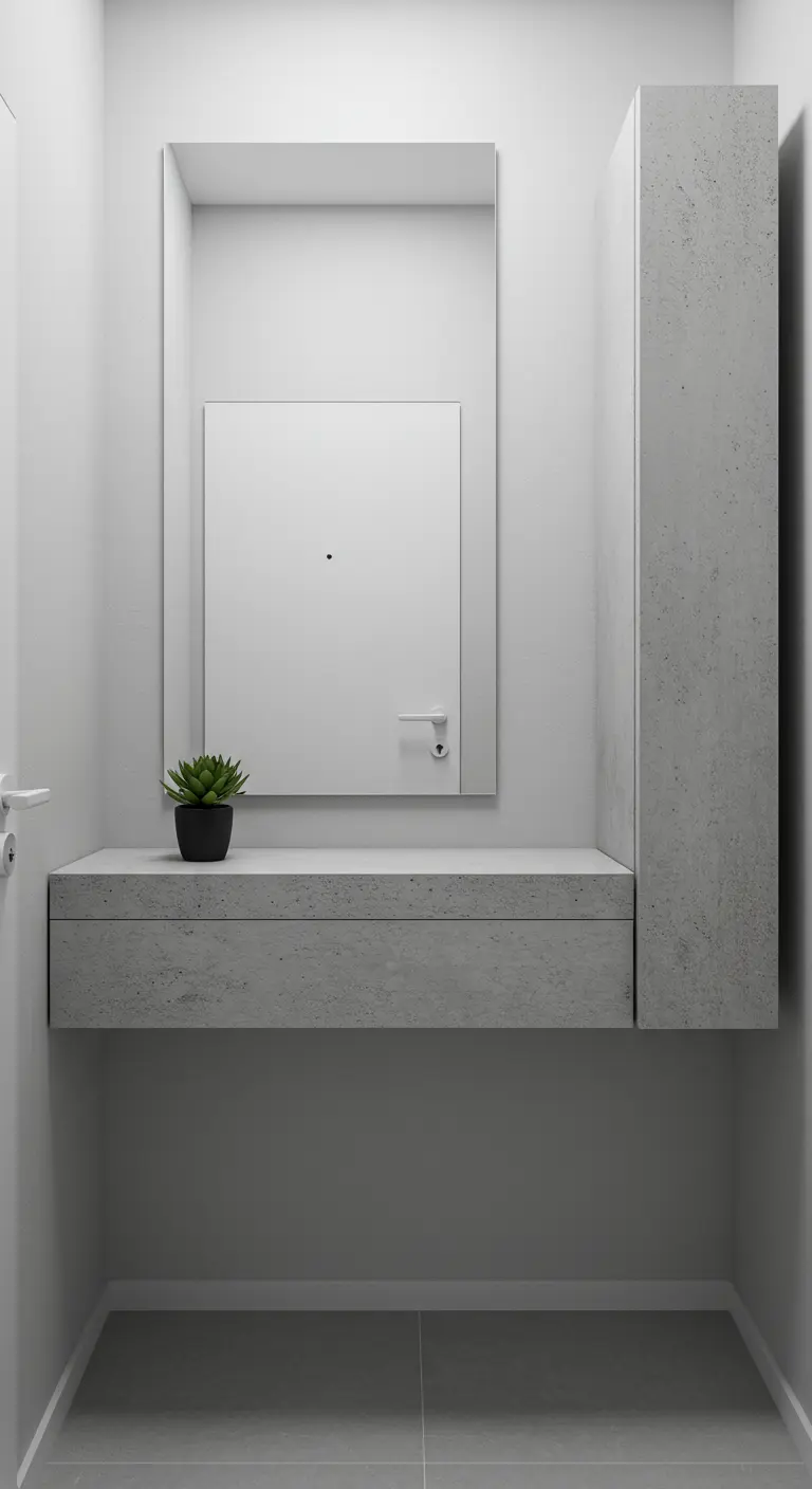 Minimalist entryway with a floating console and cabinet in a textured concrete finish.