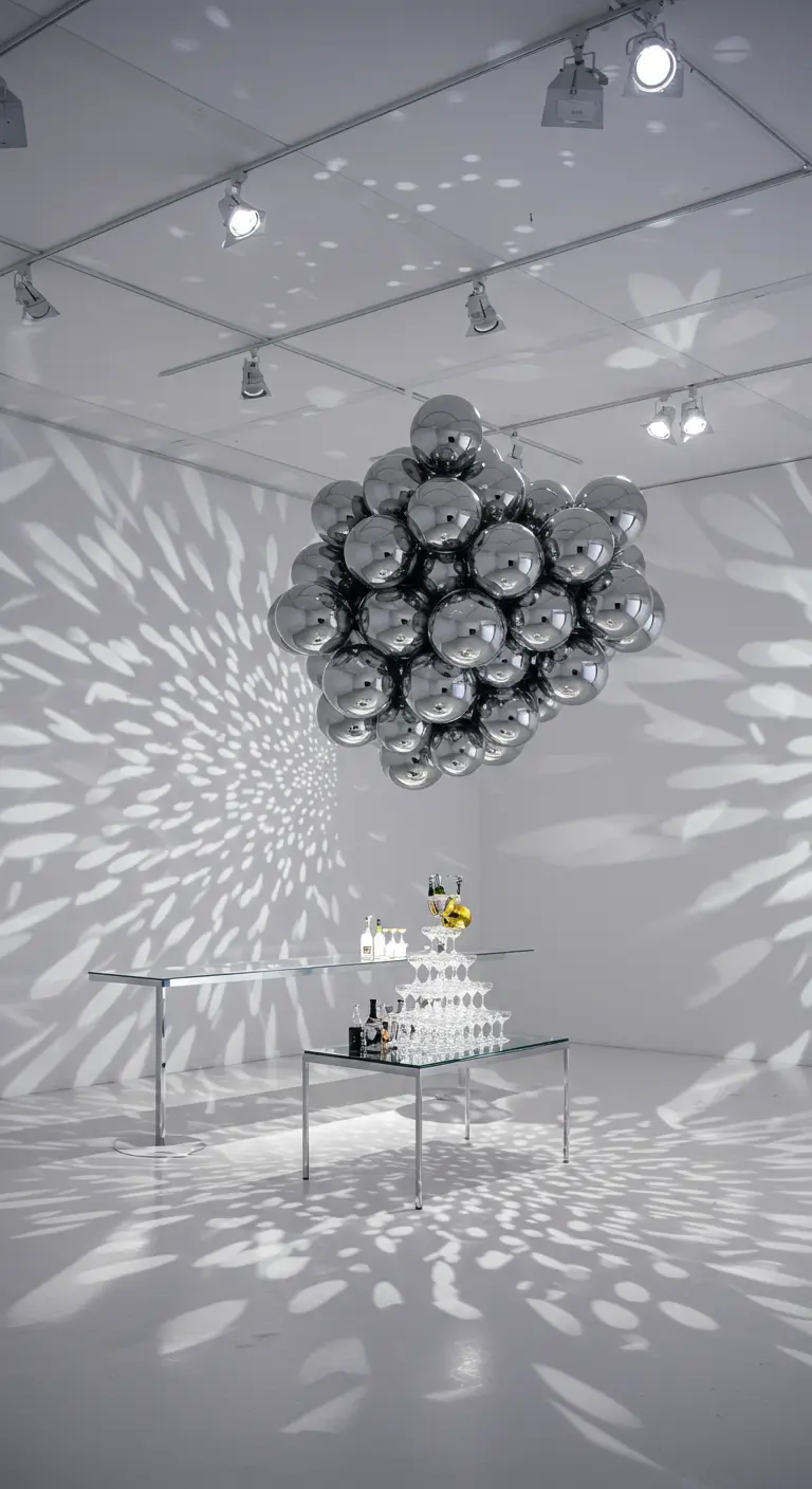 A floating cloud of silver orb balloons above a minimalist table and champagne tower.