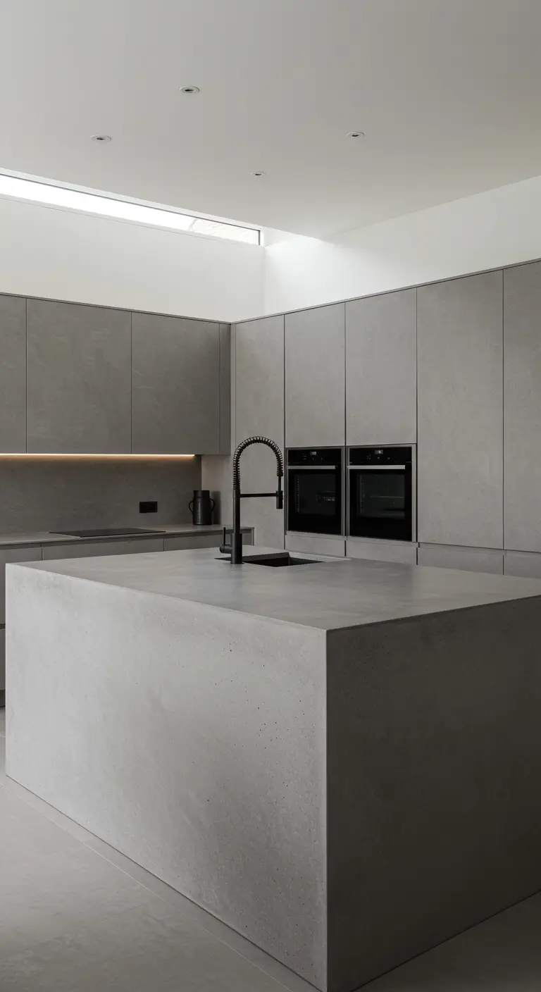 A large, monolithic kitchen island made of a solid grey concrete-like material.