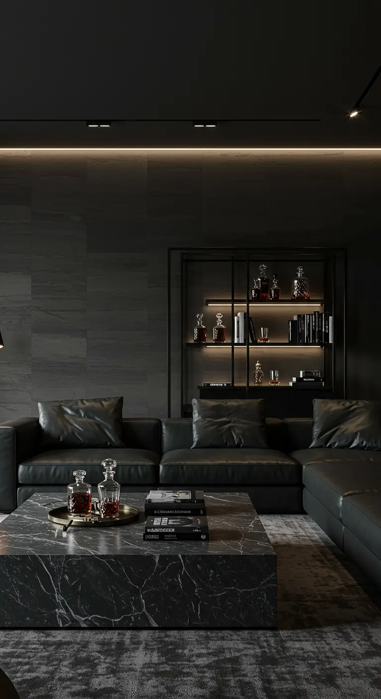 Moody dark living room with a black leather sectional and backlit display shelves.