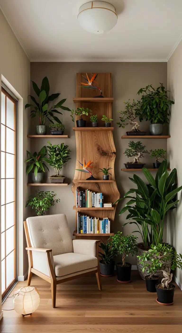 A reading corner with an armchair and a unique vertical live-edge wood shelving unit.